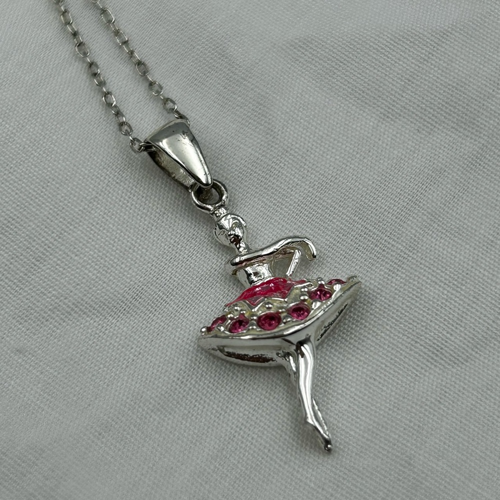 VTG Sterling Silver 925 Necklace Ballerina Dancer Charm Pendant Pink Crystal